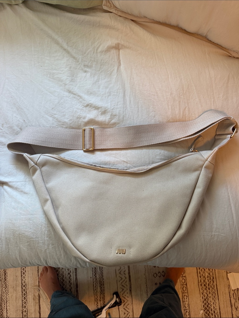 JuJu Cream Canvas Crossbody Sling Bag with Gold Hardware